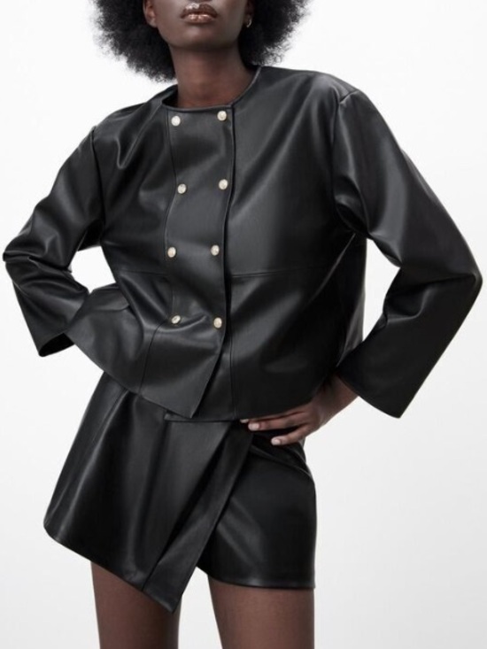 Zara Jackets & Blazers - Zara faux leather jacket M black double breasted blazer gold buttons NWT